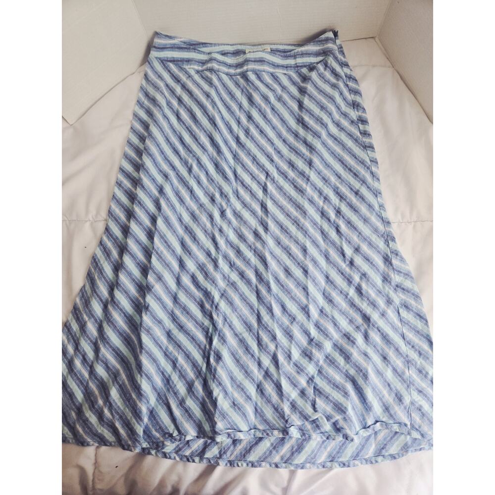 Vtg Coastal Cherokee Sz 12 Zip 100% Linen Ankle Length Skirt Blue Striped Boho